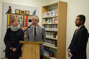 Ann Doyle and Dr. Ian Doyle (center) are seen here about to present Thom Oommen, Chair of the Alexander Doyle Public Library committee, two cheques for the newly-minted library. One was a $1,000 cheque from Dr. Doyle, and the other was a $10,000 cheque from former-Mabou resident Floyd Murphy.