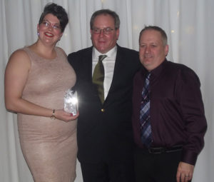 The co-owners the The BaRyKin Bistro and The BaRyKin Café, Rob (right) and Amanda McAleer, accepted the Strait Area Chamber of Commerce’s Rising Star New Business Award from chamber president David Hart during last week’s Fall Awards Dinner at the Port Hawkesbury Civic Centre’s Bear Head Conference Room. 