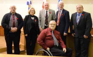 The members of Inverness Municipal Council are seen here minutes following their swearing-in last Monday night. Pictured are (back, from the left): John Dowling, Warden Betty Ann MacQuarrie, John MacLennan, Jim Mustard, and Deputy Warden Alfred Poirier. In front is Laurie Cranton.  