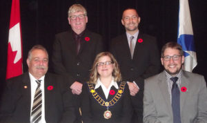 Port Hawkesbury’s new town council, officially sworn in at the Port Hawkesbury Civic Centre’s Shannon Studio on November 1, includes Mayor Brenda Chisholm-Beaton and town councillors (clockwise from bottom the left): Mark MacIver, Hughie MacDougall, Jeremy White and Trevor Boudreau. 